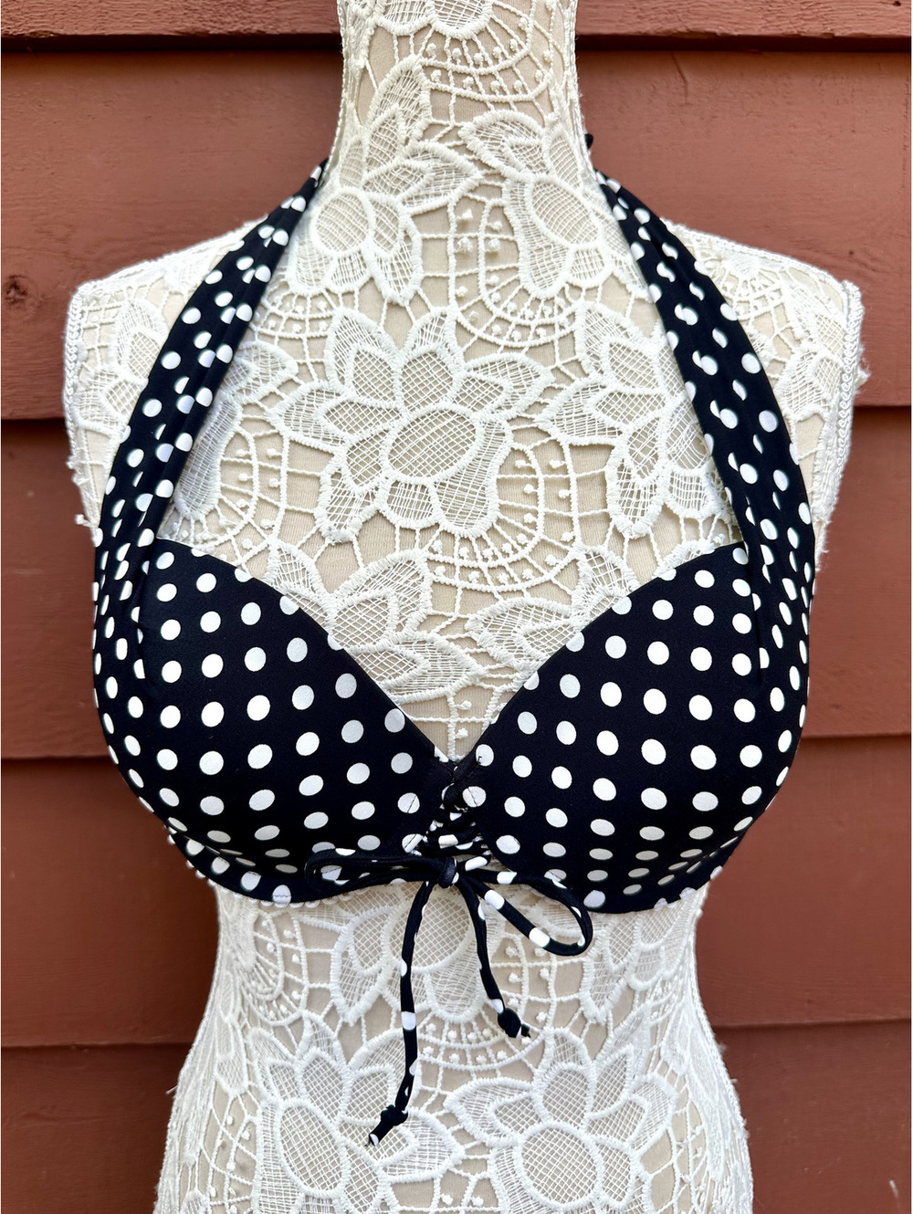 Coco Reef Black White Polka Dot Halter Bikini Top Y2K Coquette Cottage - Picture 1 of 7
